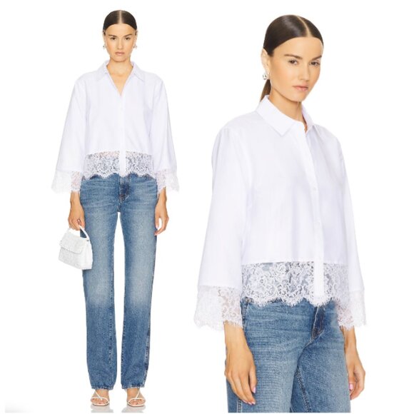 NWT L'AGENCE Levo Lace Trim Cropped Boxy Shirt in White Size S - Picture 3 of 12
